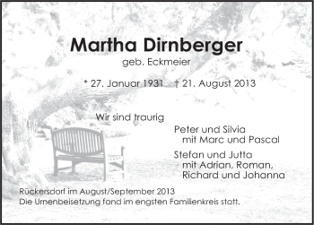 Traueranzeige von Martha Dirnberger von Pegnitz-Zeitung